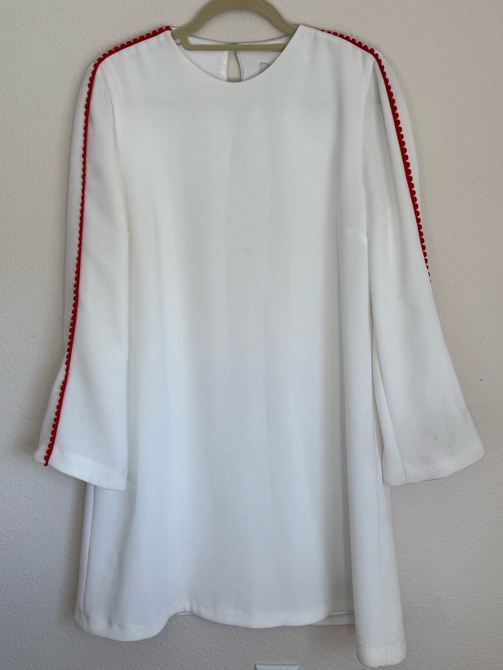 White Long-Sleeve A-Line Dress with Red Trim